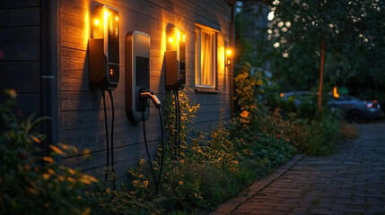 Naklejka premium Electric vehicle charging station with illuminated lights at dusk, surrounded by greenery and cozy atmosphere, ideal for eco friendly transportation