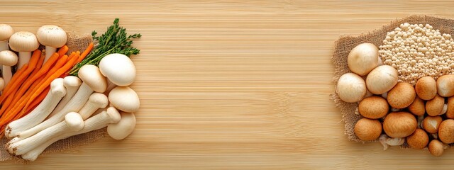 Fresh Organic Vegetables and Mushrooms on a Wooden Surface Ideal for Culinary Photography, Health Food, and Healthy Lifestyle Concepts
