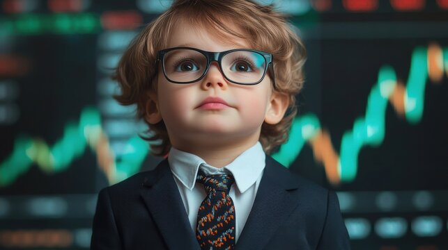 Young boy dressed in formal suit with glasses standing confidently in front of financial graphs in an office environment - Powered by Adobe
