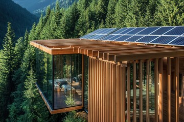An eco-friendly mountain home with wooden slats, solar panels, and a glass atrium opening into a dense evergreen forest