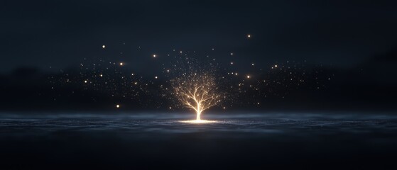 A tree with glowing leaves is lit up in the dark