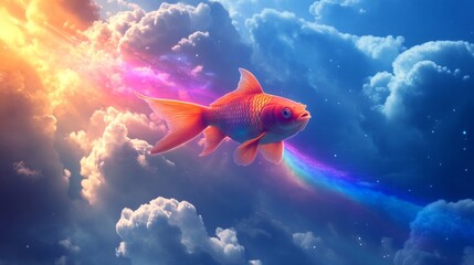 Obraz premium A mesmerizing fish swims smoothly through fluffy clouds, surrounded by vibrant hues of orange and blue, creating an enchanting and surreal atmosphere high above the earth