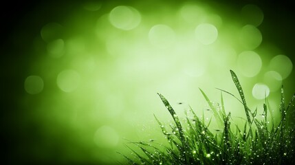 Obraz premium Dew-Kissed Grass Blades in Green Bokeh Background