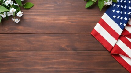 Obraz premium Rustic Wooden Surface with American Flag and White Flowers for Celebrating Independence Day or Memorial Day