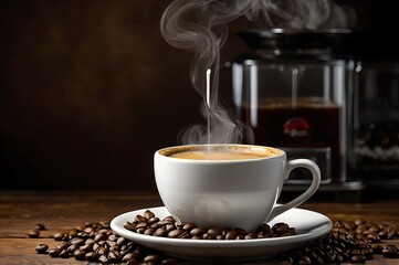 A minimalist composition of a cup of coffee on a suacer with blurred background