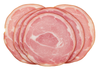 Delicious ham slices isolated on white background, top view, no depth of field, sharp