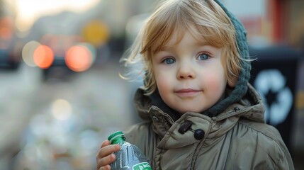 Fototapeta premium A young child smiles while holding a water bottle in an urban environment. Soft sunlight illuminates the background, creating a warm atmosphere.