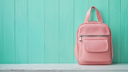Stylish Pink Backpack Against a Mint Green Wooden Wall Background