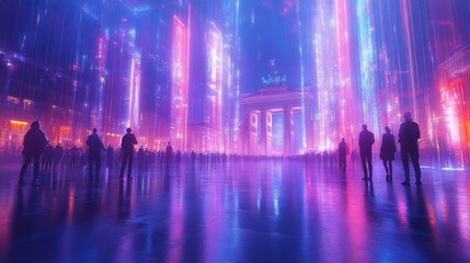 Obraz premium Vibrant Night Scene with Colorful Lights and Silhouetted Figures