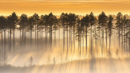 Obraz premium Foggy forest at sunrise with tall trees and golden light creating serene atmosphere