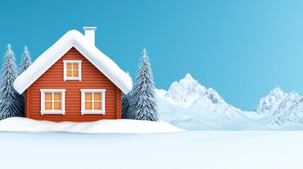 Naklejka premium Cozy Winter Log Cabin Surrounded by Evergreen Trees and Mountains