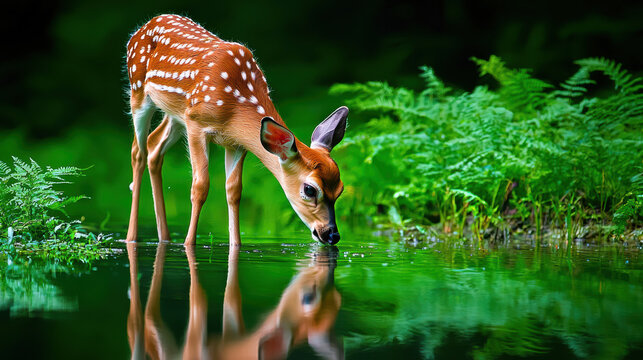 young deer drinking water in lush green environment, reflecting in calm surface