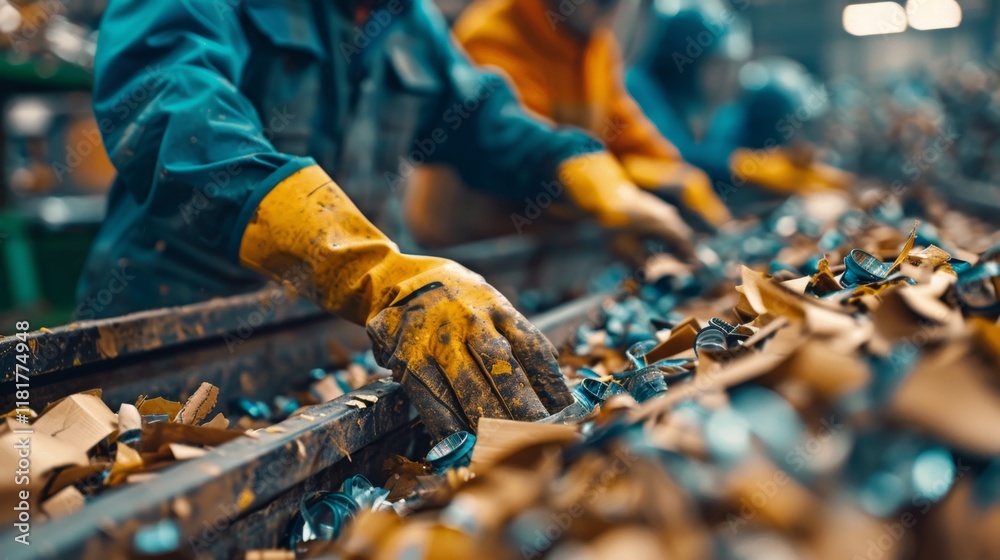 Poster in a recycling facility, workers clad in protective gear diligently sort through various materials o