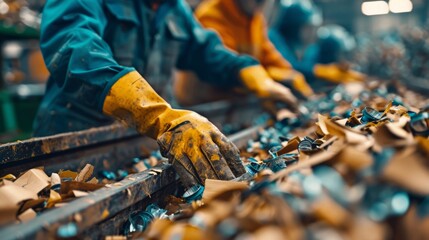 In a recycling facility, workers clad in protective gear diligently sort through various materials on a conveyor belt. Their careful handling ensures efficient recycling processes.