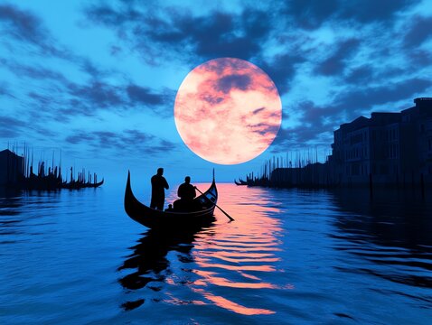 Couple on a gondola ride, Venice canals, moonlit atmosphere, 3D illustration