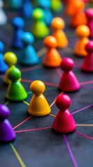 Colorful game pieces connected by lines, representing networking, collaboration, or communication in a game-like setting.
