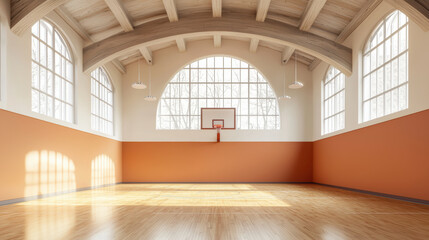 Obraz premium spacious basketball court featuring polished wooden floors and large windows, creating bright and inviting atmosphere