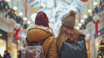 Fototapeta premium Two friends stroll through a vibrant shopping area adorned with holiday decorations, enjoying the festive atmosphere while wearing warm winter clothing and backpacks.