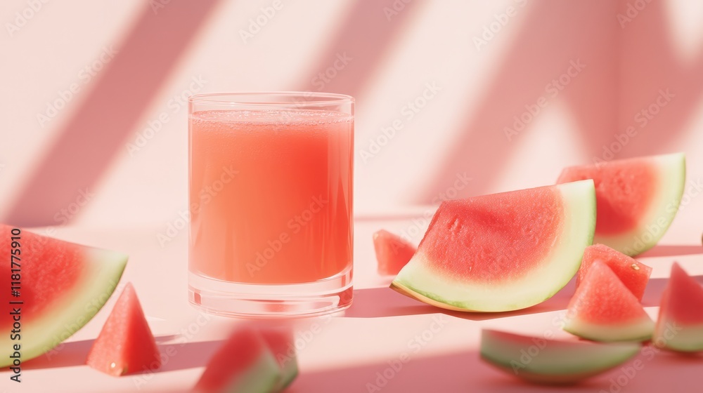 Poster glass of fresh watermelon juice surrounded by watermelon slices on a vibrant pink background, illumi