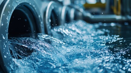 Water Flowing out of Industrial Washing Machines in a Laundry Facility
