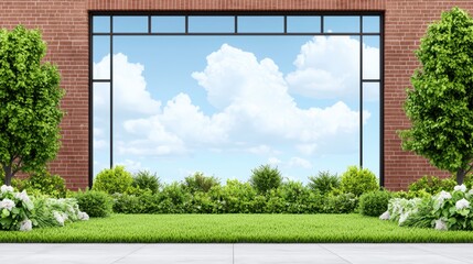 Bright Open Window View with Lush Greenery and Blue Sky Background