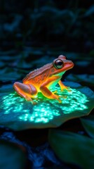 In the quiet darkness of a wetland, a vibrant frog with bioluminescent skin rests on a lily pad, casting a radiant glow that enchants the surrounding nature, revealing a magical atmosphere