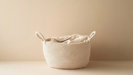 Fototapeta premium Beige Woven Basket with Two Handles and Lining on Neutral Background