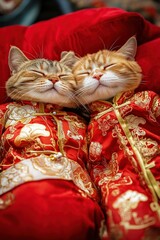Plakat Cats wearing traditional Chinese New Year robes, golden accents, surrounded by soft red pillows