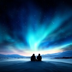 Lovers under a vibrant aurora borealis, snowcovered landscape, cinematic feel, romantic adventure, passion