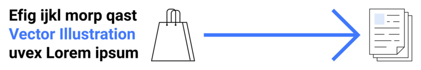 Shopping bag connected to stack of documents through blue arrow. Ideal for e-commerce, logistics, payment processing, inventory management, online shopping, transaction confirmation, digital