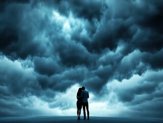 Obraz premium Passionate hug during a thunderstorm, dramatic cloudy sky, 3D illustration