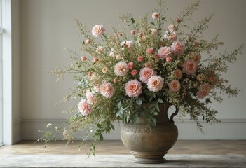 Large floral arrangement spilling from an antique vase, contrasting with a minimalist modern room