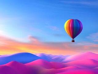 Obraz premium Romantic hot air balloon ride, colorful sunrise, scenic landscape, 3D illustration