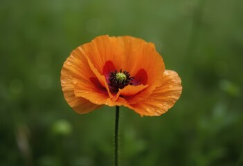 Close up of a vibrant orange poppy with water droplets on its petals, set against a green post rain background