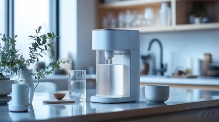 Modern Water Dispenser in Bright Kitchen Setting with Glasses