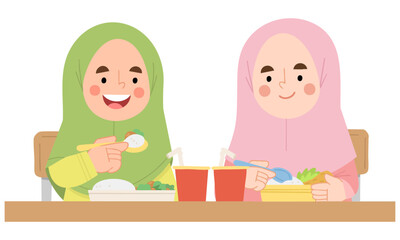 Illustration of Muslim children enjoying lunch together