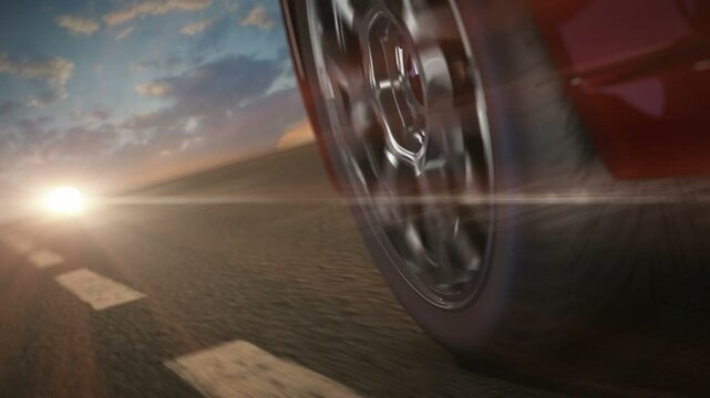 Wheel closeup. Car driving on highway in sunset. Loopable HD
