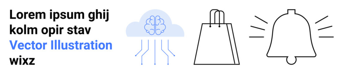 Brain cloud, shopping bag, and alert bell icons alongside placeholder text. Ideal for concepts in AI, e-commerce, notifications, online shopping, technology communication and marketing. Landing