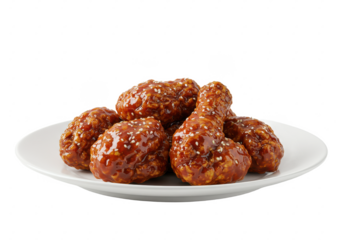 Korean fried chicken with juicy glaze sauce food in a plate isolated on white background, front angled view, no depth of field, sharp