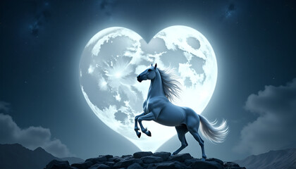 Fototapeta premium Majestic White Horse Heart Moon Night - Fantasy Art