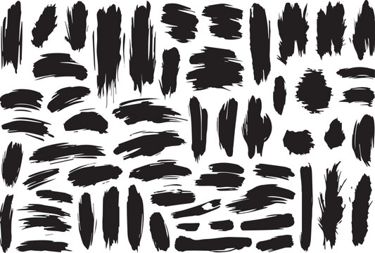 Variegated Grunge Brush Strokes Collection on White Background. An assorted assortment of black grunge brush strokes perfect for textured designs and artistic graphics, isolated on white. Vector brus