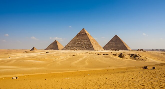 The pyramids of Giza rising majestically in the golden sands of the Egyptian desert under a clear sky.