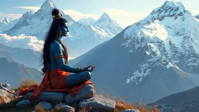 Shiva and Parvati Meditate on Mount Kailash Surrounded by Majestic Himalayan Peaks at Sunset