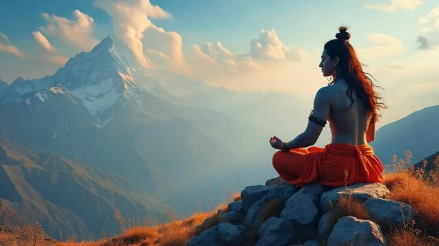 Shiva and Parvati Meditating on Mount Kailash at Sunrise, Embracing Serenity in Divine Presence