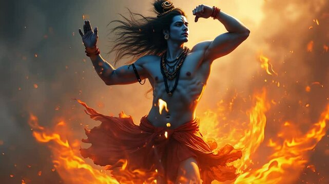 Shiva Performs the Tandava Dance Surrounded by Flames With Blue Neck and Crescent Moon Amid a Dramatic Backdrop
