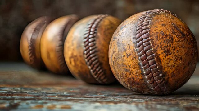 Weathered baseballs arranged in a line, showcasing rustic sports memorabilia with intricate stitching