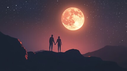 Fototapeta premium Silhouettes under full moon night sky romantic scene, starry sky horizon adventure, peaceful mountain landscape
