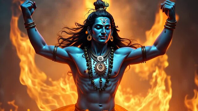 Shiva Performs the Tandava Dance Amidst Blazing Flames With a Blue Neck and Crescent Moon on His Forehead