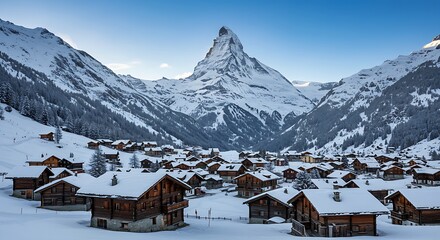 Fototapeta premium A snowy Swiss alpine village with wooden chalets and the Matterhorn towering in the background