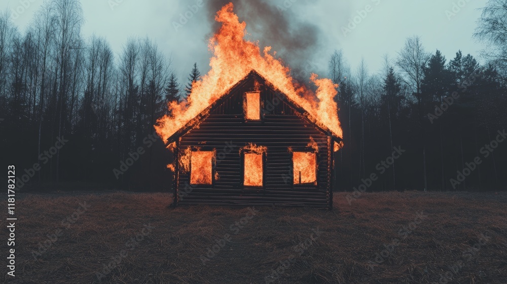Poster Big flames engulfing a wooden house in the middle of a field at dusk, with a forest in the background, creating a dramatic and devastating scene